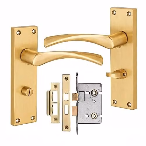 Golden Grace Astrid Long Backplate Bathroom Door Handle Set in Satin Brass