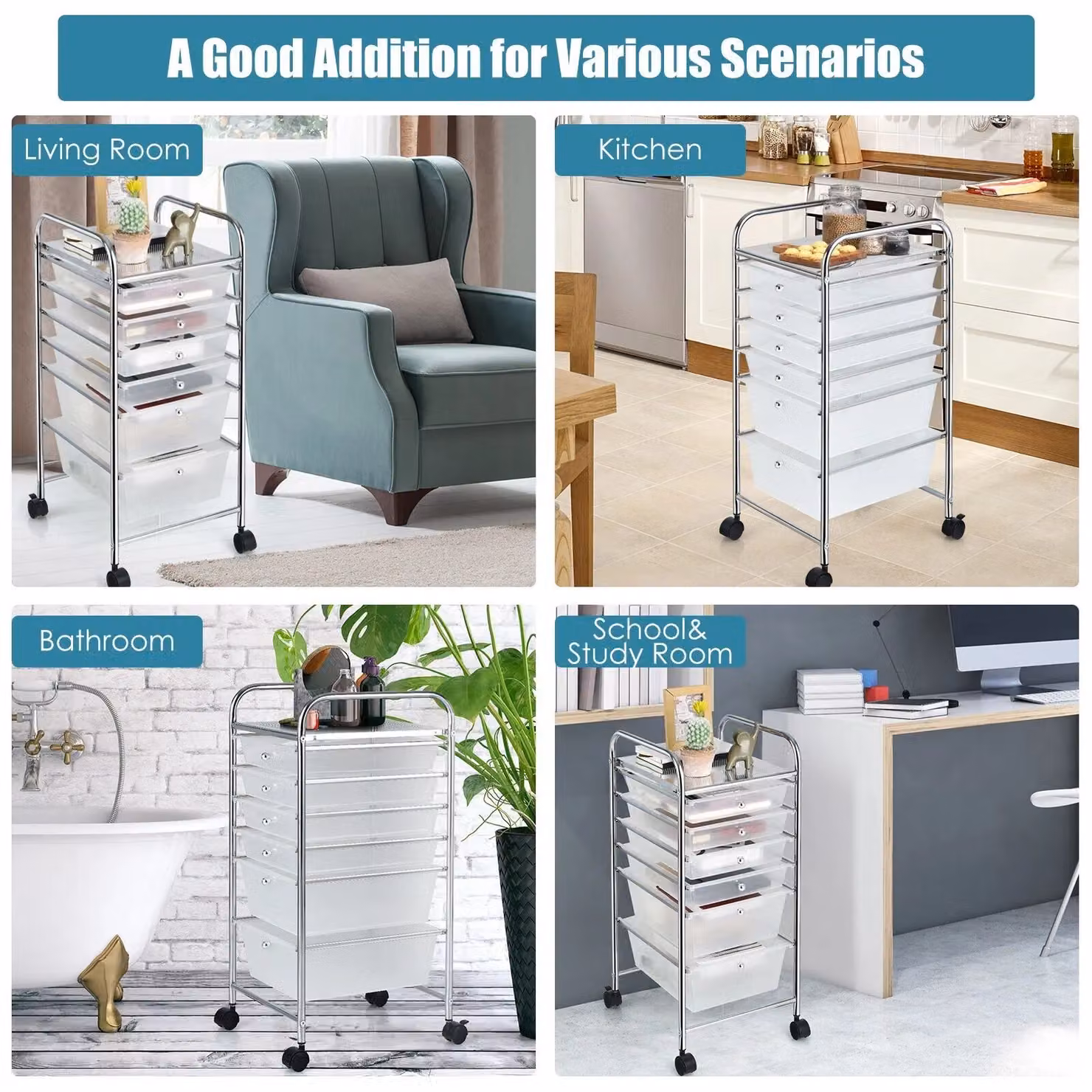 Costway 6 Drawer Multipurpose Mobile Rolling Utility Storage Organizer Cart in Transparent Clear – 4
