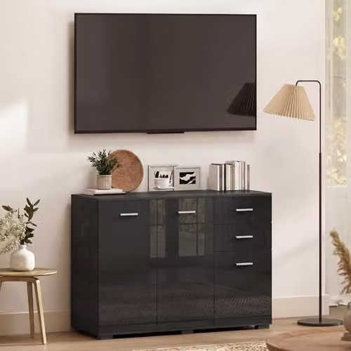 HOMCOM Modern High Gloss Black Sideboard Storage Cabinet – 7