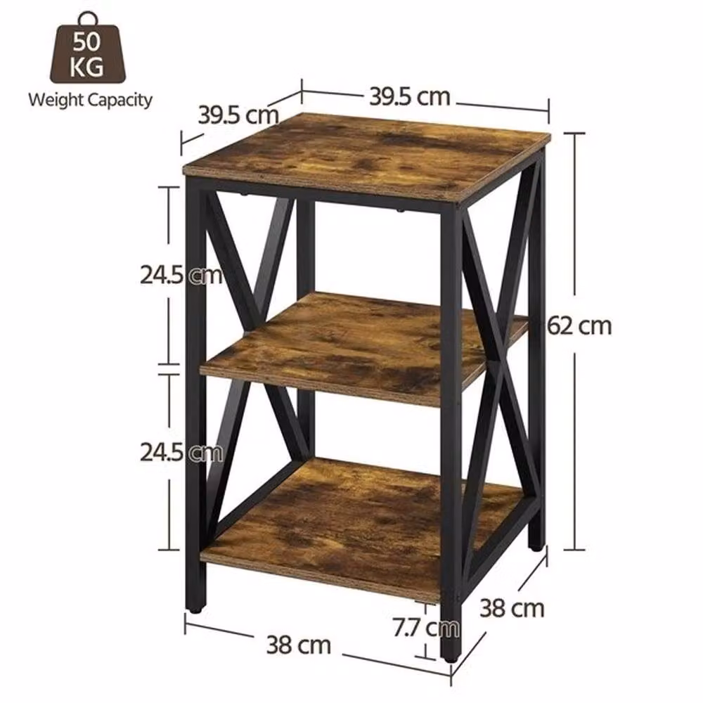 KORVIXA 3 Tier Industrial Bedside Table in Brown, W/D/H: 39.5 x 39.5 x 62 cm – 2