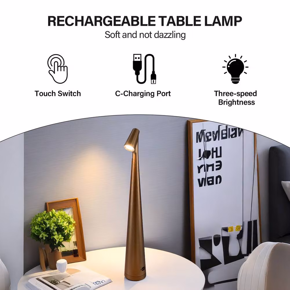 INMTFEI USB-C Rechargeable Dimmable LED Table Lamp in Gold/Brass – 6