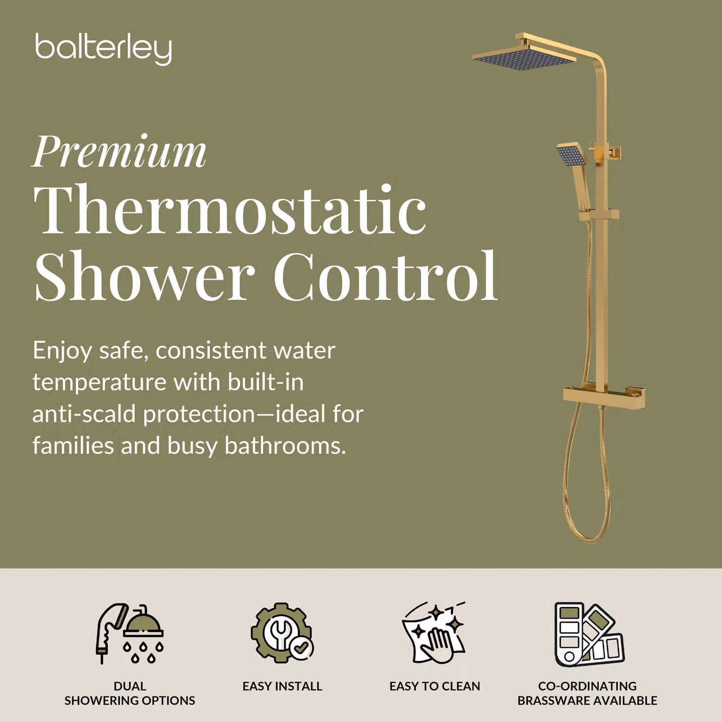 Balterley Empire Square Exposed Shower Kit with Fixed Overhead Shower, Handset and Thermostat in Brushed Brass – 2