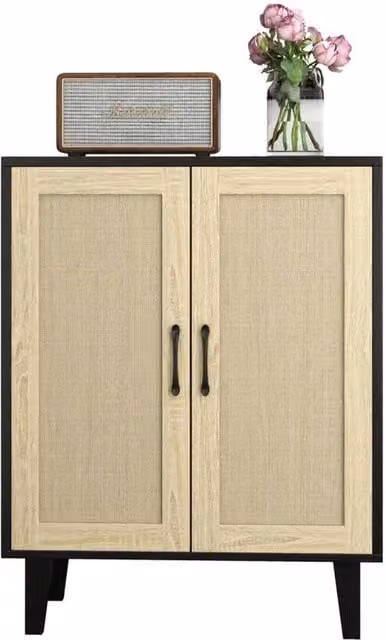ERGOVEXA Mid-Century Black 2-Door Rattan Sideboard and TV Stand – 1