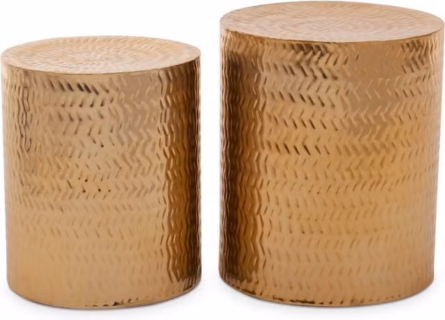 Orsina Set of 2 Gold Metal Cylindrical Stools with Handcrafted Chevron Pattern