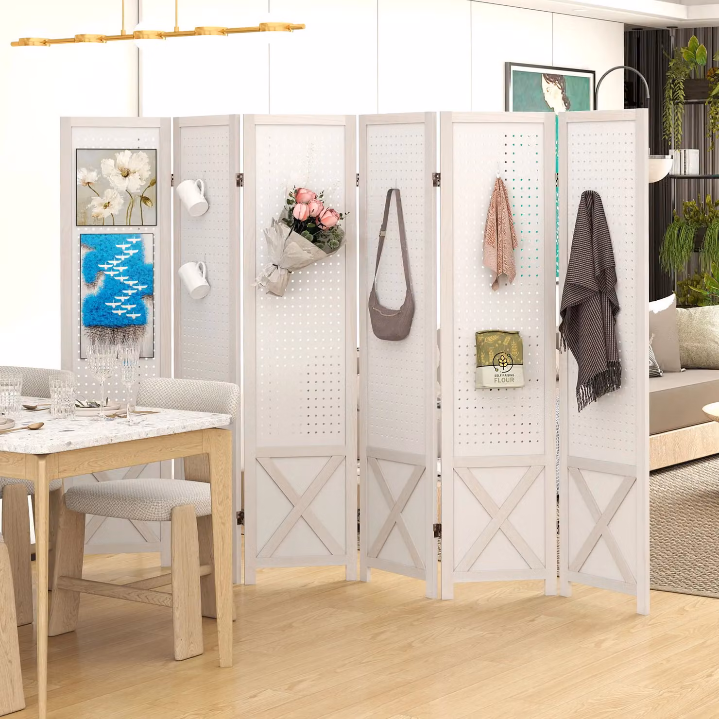 Costway 6 Panel Folding Room Divider with Pegboard Display in White, W/H: 246 x 170 cm – 2