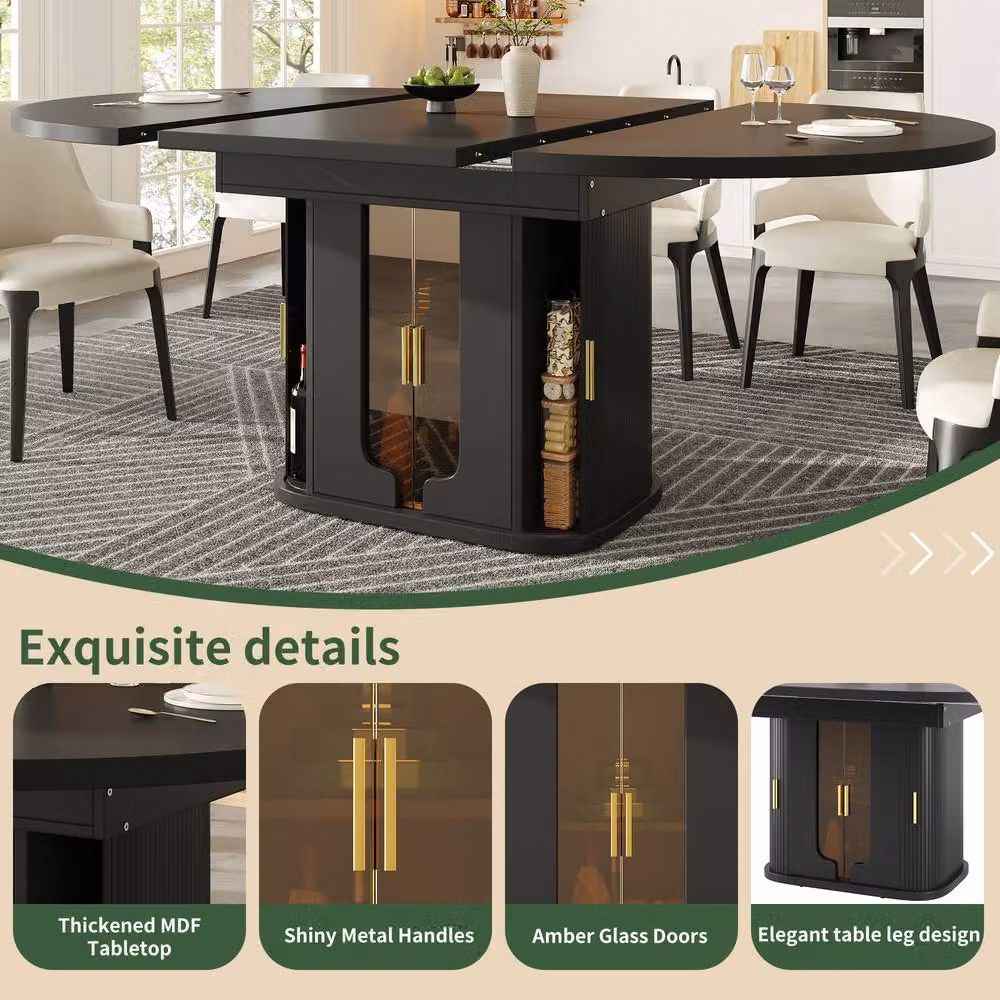Merax Extendable Round Dining Table in Black with Glass and MDF Laminate – 5