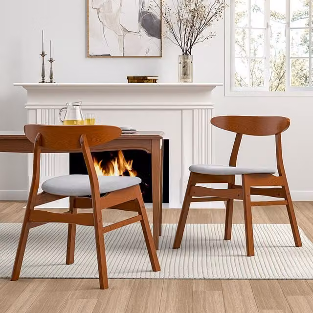 Livingandhome Set of 2 Mid-Century Grey Fabric and Wood Dining Chairs