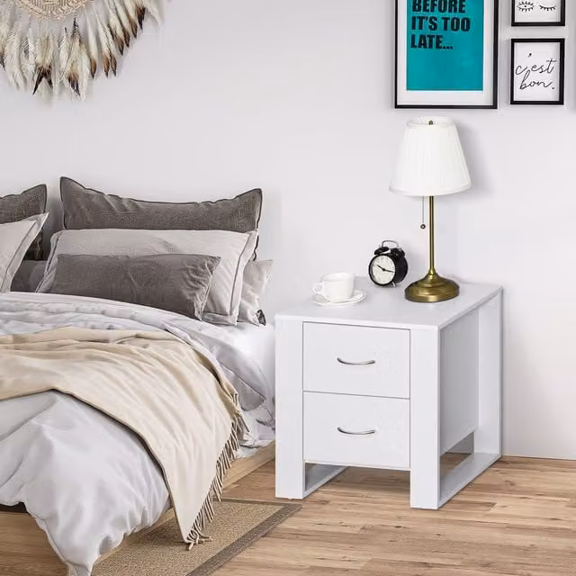 HOMCOM Modern White Bedside Table with Drawers and Solid Wood Legs