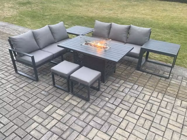 Fimous 8 Seater Aluminium Outdoor Garden Furniture Set with Gas Fire Pit Dining Table, 2 Small Footstools and 2 Side Tables in Dark Grey