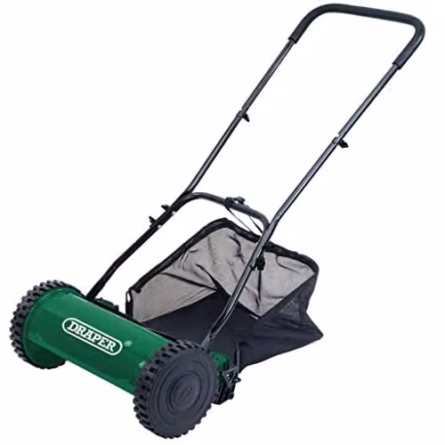 Draper 84749 Green Manual Hand Push Lawn Mower with Fixed Blade and Collection Bag, 380 mm