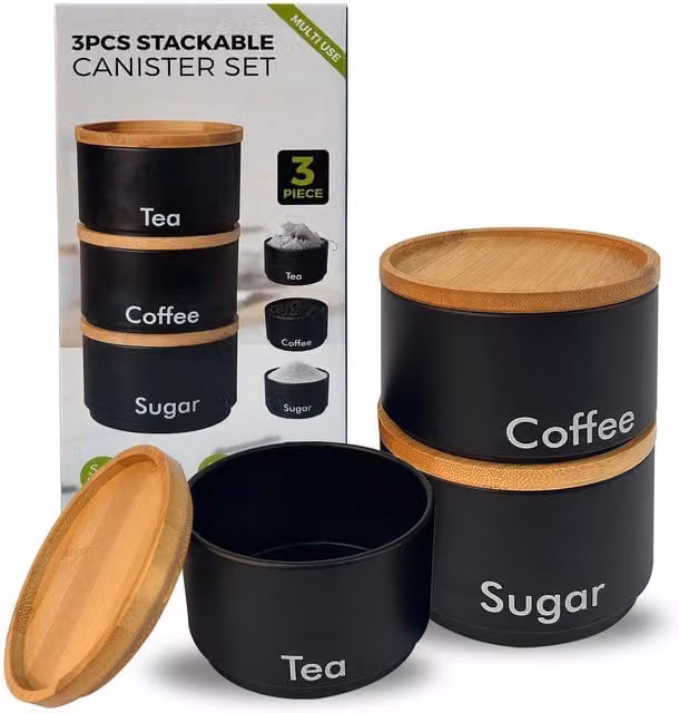 MantraRaj 3-Piece Airtight Metal and Bamboo Tea, Coffee and Sugar Canister Set in Black and Brown