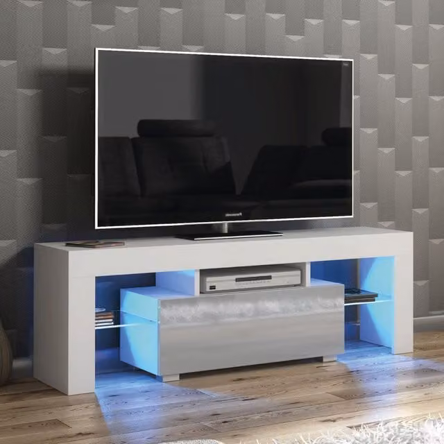 Mex Furniture LTD Modern Glossy TV Unit with LED Lighting in Light Grey, W: 130 cm, D: 35 cm, H: 45 cm – 1