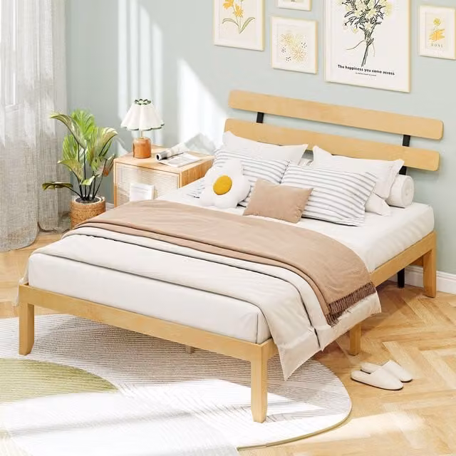 Costway King Size Solid Wood Platform Bed Frame with Retro Headboard in Natural Sand, 180 x 200 cm