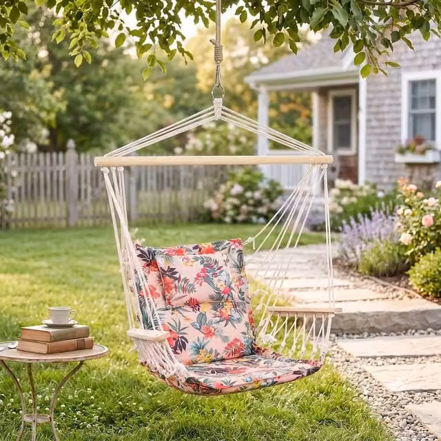 OUTSUNNY Hammock Hanging Rope Chair Swing with Weatherproof Cushion and Armrests in Grey