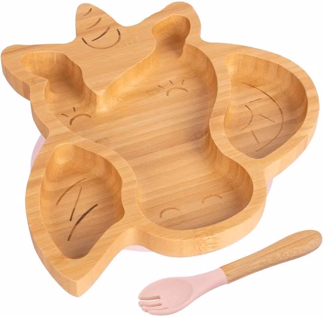 Tiny Dining Bamboo Unicorn Baby Weaning Plate and Fork Set in Pink