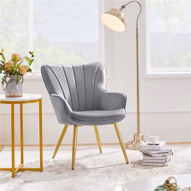 Yaheetech Mid-Century Grey Velvet Upholstered Tub Accent Chair with Armrests