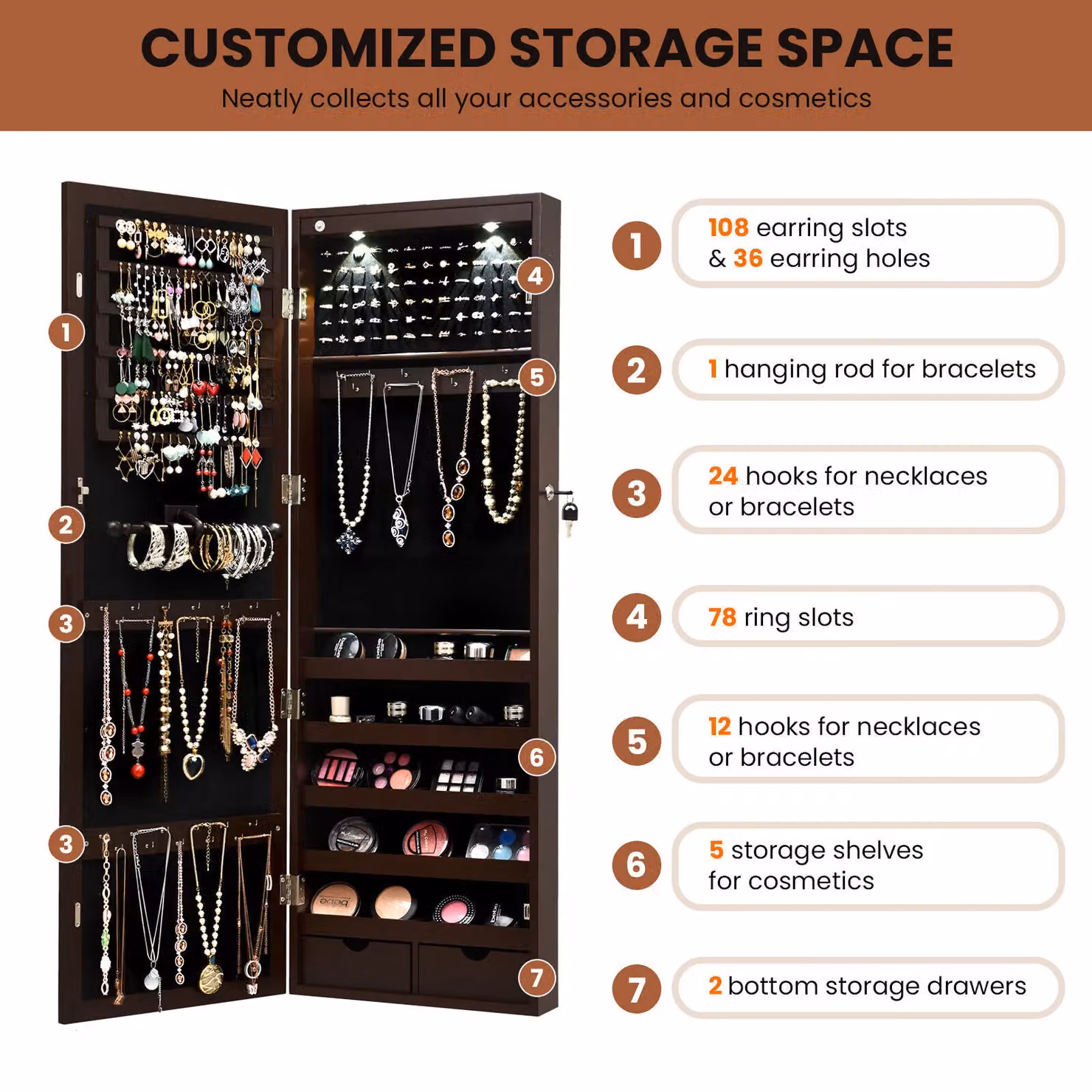 Costway Brown Wall or Door Mounted Jewelry Armoire Organizer with Full-length Mirror, LED Lighting and Lock – 5