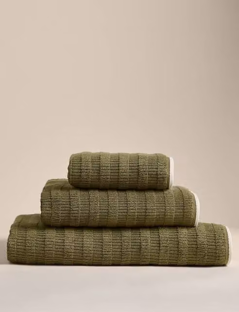 M&S Pure Cotton Textured Contrast Trim Towel in Green