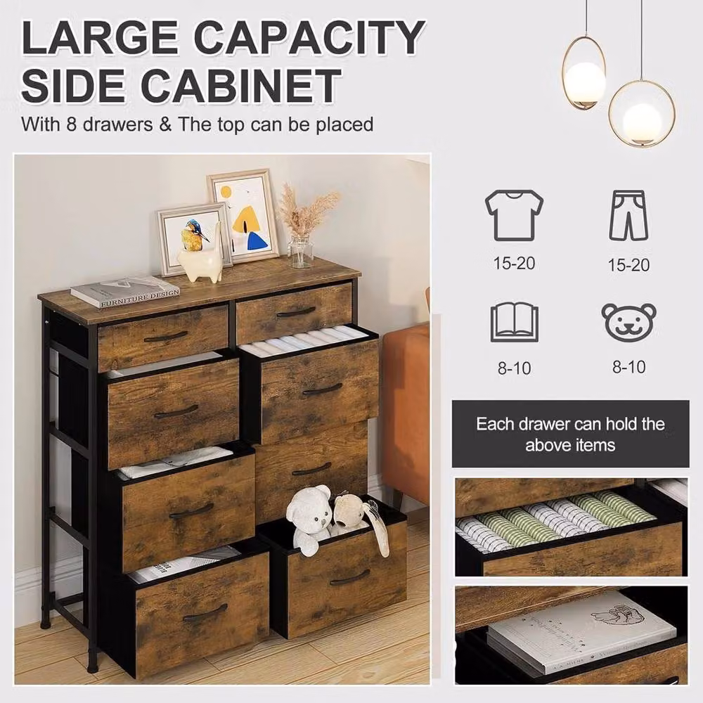 FORGEVIO Vintage 8-Drawer Chest with Metal Frame and Fabric Drawers in Brown and Multicolour – 3
