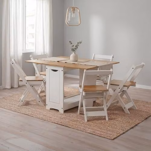 Mercers Furniture Corona White Waxed Pine Butterfly Dining Set with 4 Chairs, Extendable Drop Leaf Table – 1