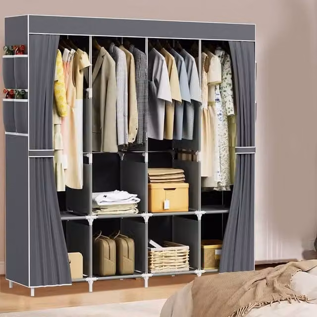 FLAVORA Grey Large Fabric Canvas Wardrobe with Roll Shutter Doors and Hanging Rod