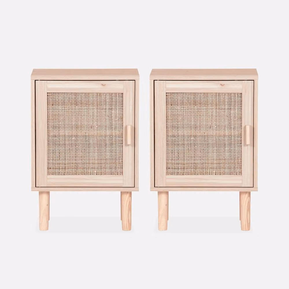 sweeek Pair of Vintage Woven Rattan and Wood Bedside Tables in Brown – 2