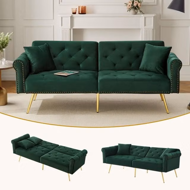 Matteo 2-Seater Velvet Sofa Bed with Click-Clack Mechanism and Gold Metal Legs in Green – 1