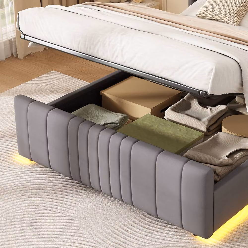 Rolipo Double Ottoman Bed in Grey Velvet with LED Under-Bed Lighting – 6