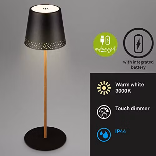 Briloner Rechargeable LED Table Lamp in Black and Wood, Dimmable and Height Adjustable with Touch Control