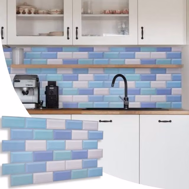 NOVECRAFTO Blue and White 3D PVC Wall Panels with Subway Tile Pattern, W: 96 cm, H: 48 cm