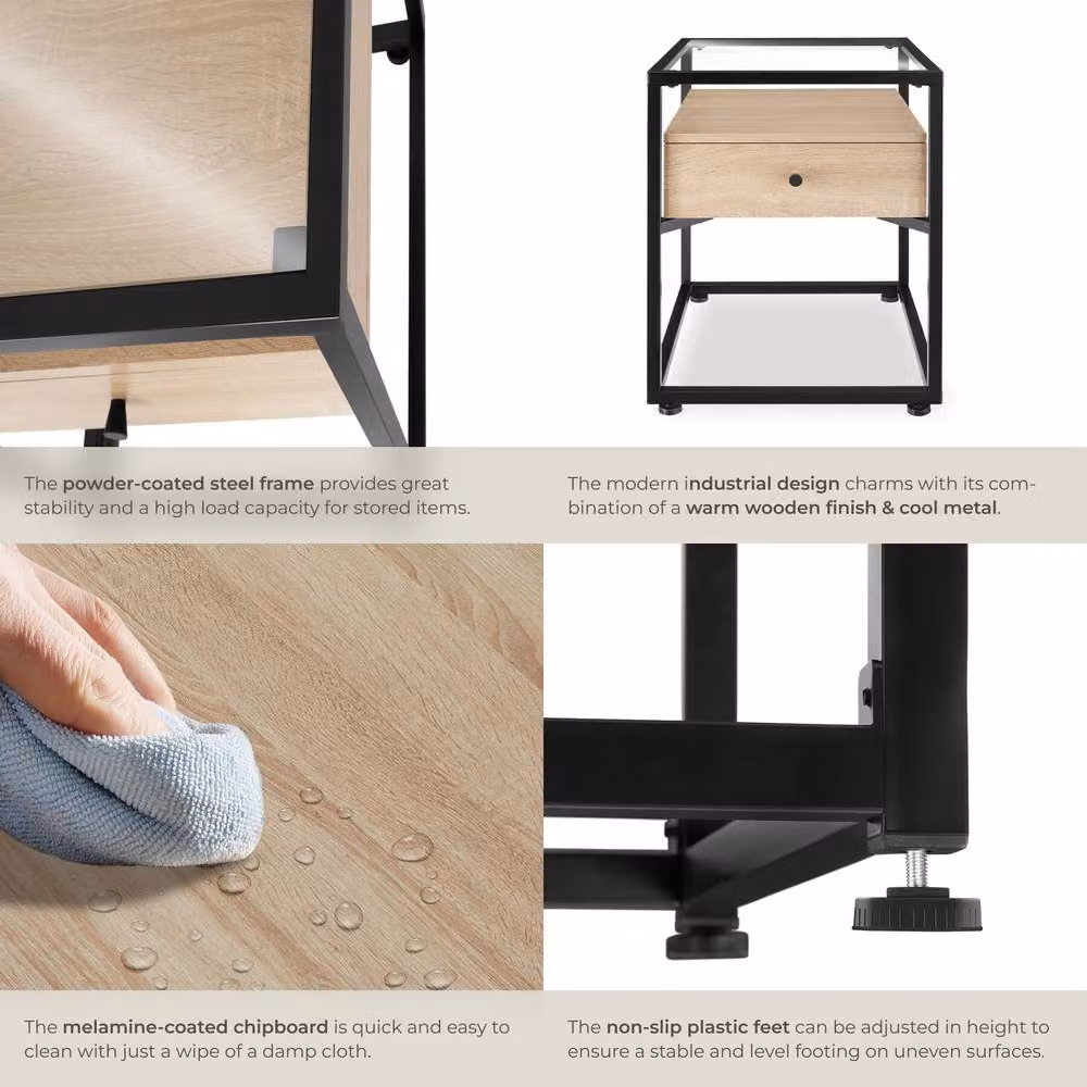 tectake Nightstand with Glass Surface and Drawer in Light Oak – 4