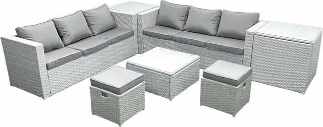 Fimous 8 Seater Rattan Garden Furniture Set in Light Grey with L-Shape Sofa, Ottomans and Coffee Table