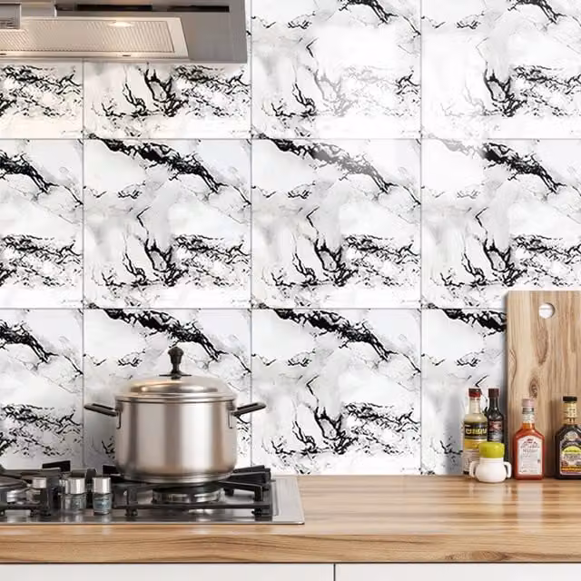 Lifeideas Set of 10 Monochrome Marble Effect Adhesive Wall Stickers, W/H: 40 x 40 cm, Black and White