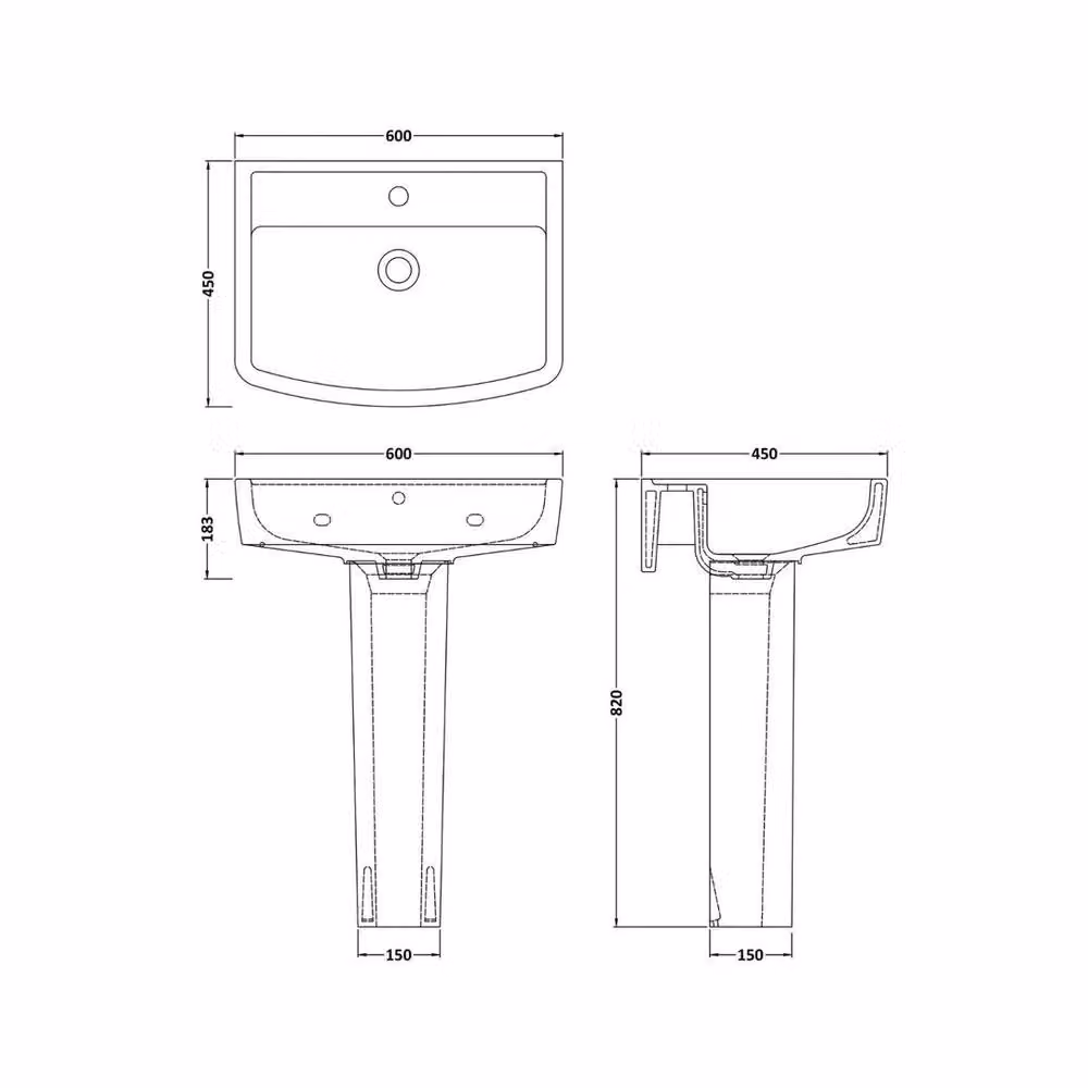 Nuie White Ceramic Square Pedestal Wash Basin W: 60.0 cm, D: 45.0 cm, H: 18.3 cm – 2
