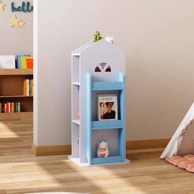 Livingandhome 4-Tier Compact Swivel Rotating Bookcase for Children and Teenagers in White and Blue