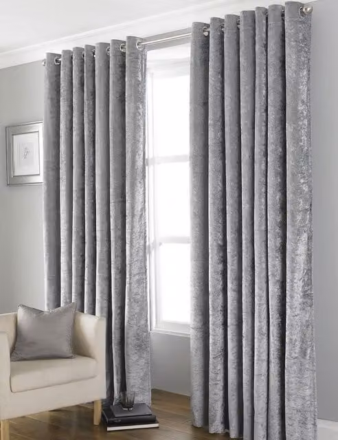 HomeSpace Direct Euphoria Grey Crushed Velvet Blackout Eyelet Curtains, W: 229 cm, H: 229 cm