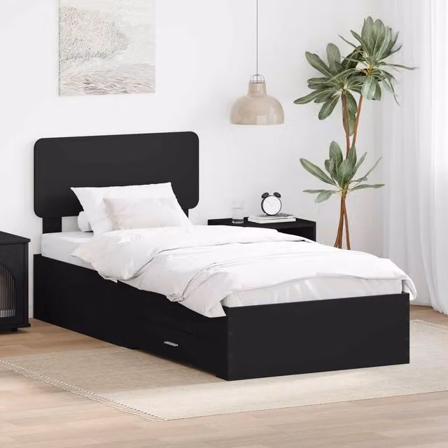 Berkfield Home Black Engineered Wood Bed Frame with Headboard W: 75 cm, L: 190 cm
