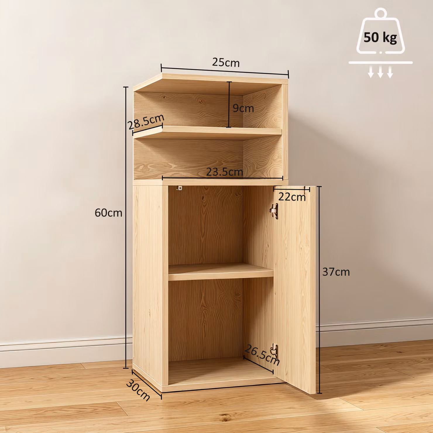 HOMCOM Set of 2 Slim Bedside Tables in Oak Brown with Open Cubbies and Cupboard, W/D/H: 30 x 25 x 60 cm – 3