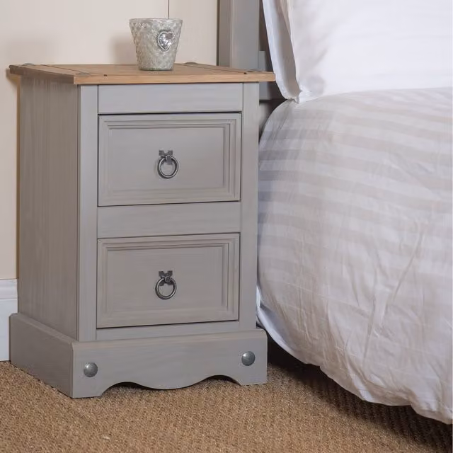 Core Products Corona 2-Drawer Petite Bedside Table in Grey and Waxed Pine – 2