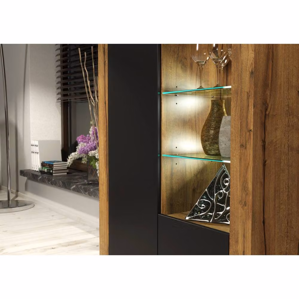 Mex Furniture LTD Arcadia Display Cabinet in Dark Oak and Black Matt with Integrated LED Lighting, W: 140 cm, H: 93 cm, D: 35 cm – 3