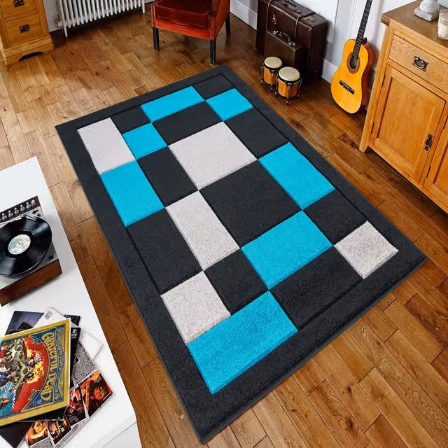 Havana Hand Carved Thick Machine Woven Area Rug in Black and Petrol, 230 cm