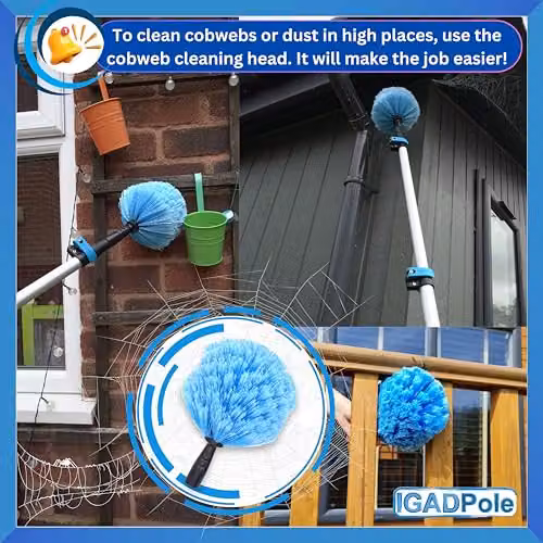 IGAD 20ft All-in-One Window Washing and Dusting Kit with Telescopic Handle, Pivot Squeegee, Microfibre Cloths, Cobweb Duster and Ceiling Fan Duster in White and Blue – 4
