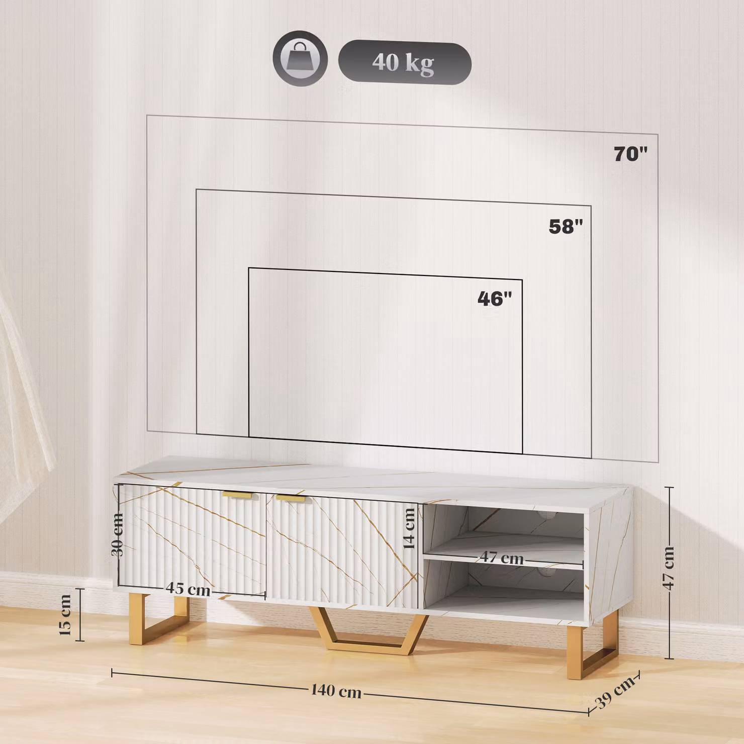 HOMCOM Modern Marble Effect TV Unit in White and Gold with Fluted Doors and Storage Shelves for TVs up to 70 inch – 3