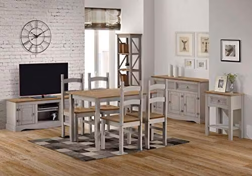 Home Source Pair of Corona Solid Pine Dining Chairs in Grey Waxed Finish – 2