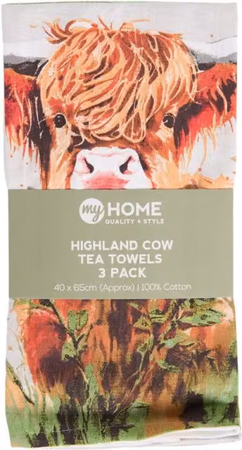 My Home Pack of 3 Highly Absorbent Highland Cow Tea Towels in White, Green and Multicolour