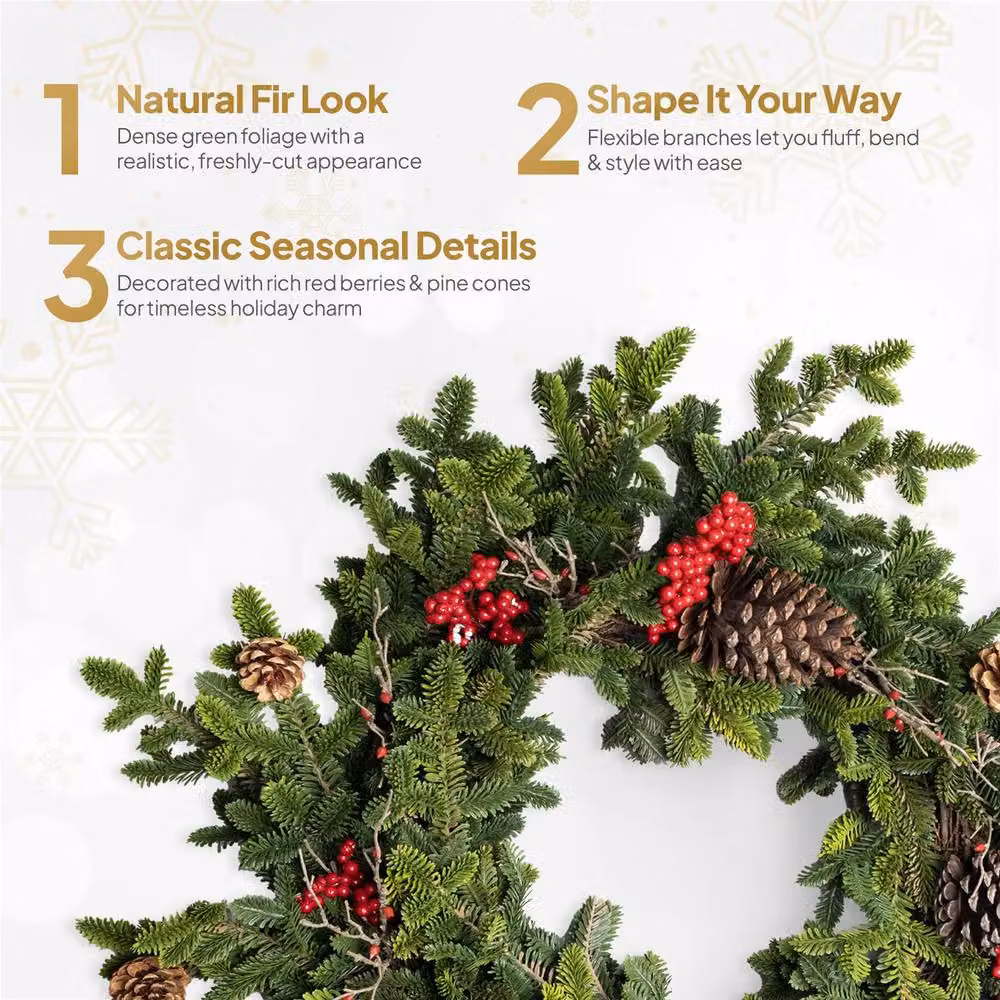 Shatchi Artificial Fir Christmas Wreath in Green and Red, Diameter: 60 cm – 5