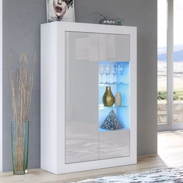 Mex Furniture LTD Modern Display Cabinet with Glass Doors and LED Lighting in Grey and Black, Width: 140 cm