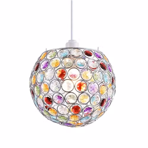 Happy Homewares Modern Round Sphere Pendant Shade with Multicolour Acrylic Bead Jewels in Chrome, Diameter: 18 cm