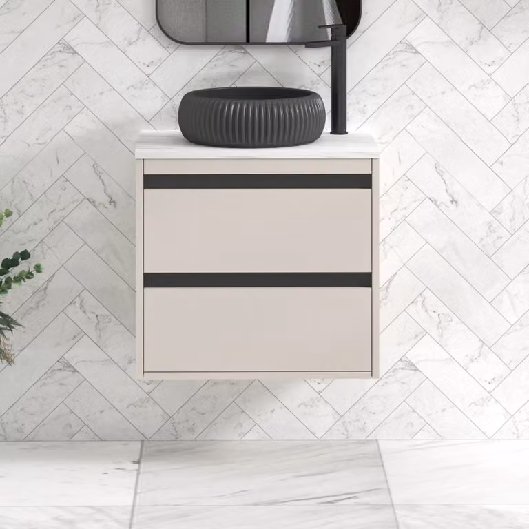 Royal Bathrooms Orion 600mm Warm Taupe Wall Hung 2 Drawer Vanity Unit with Milan Black Basin and Black Accent Trim