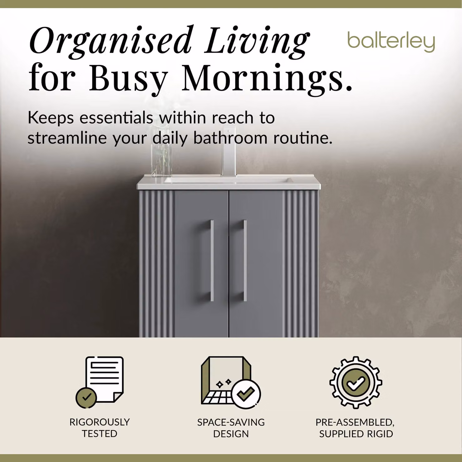 Balterley Floor Standing Grey Bathroom Vanity Unit with Rectangular Basin and Soft Close Doors – 2